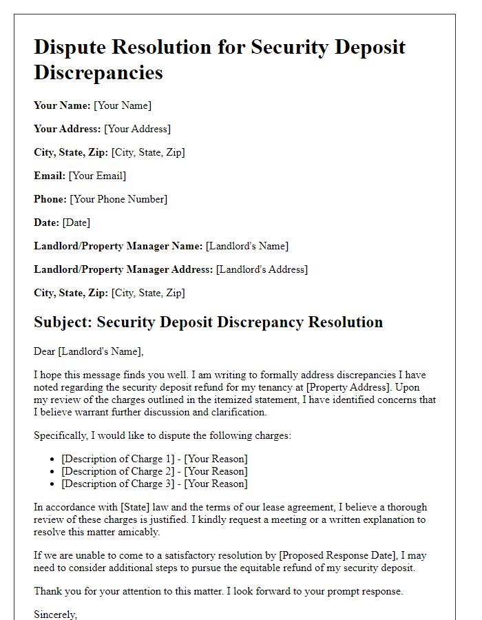 Letter template of rental application dispute resolution for security deposit discrepancies