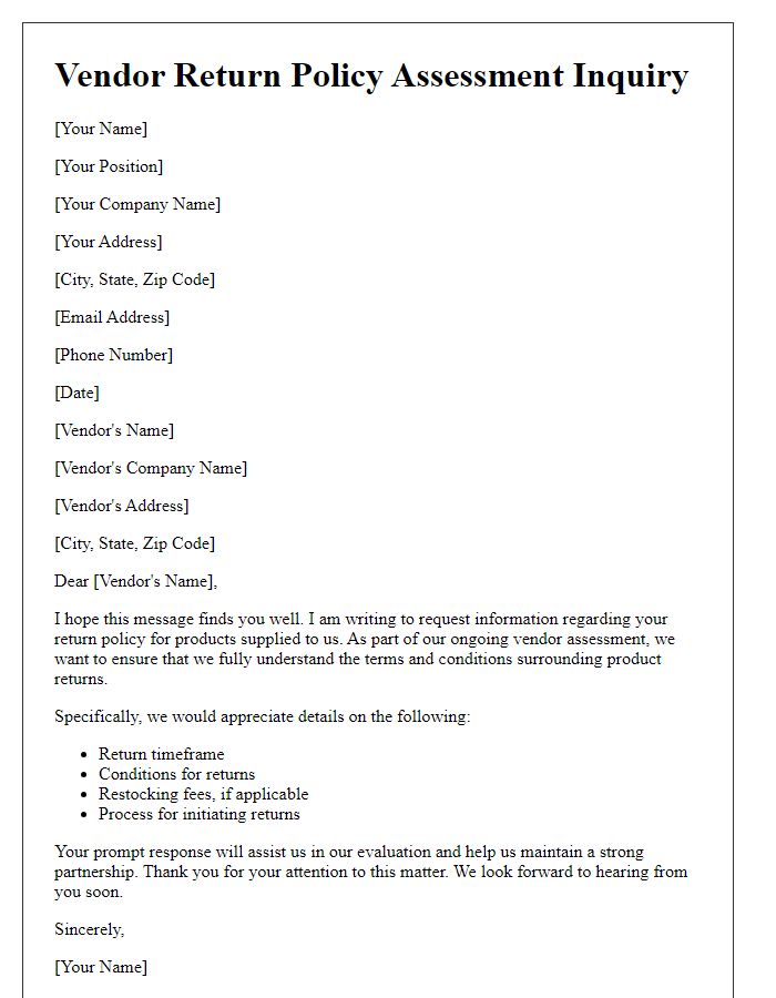 Letter template of vendor return policy assessment inquiry
