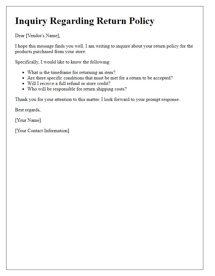 Letter template of vendor return policy questions