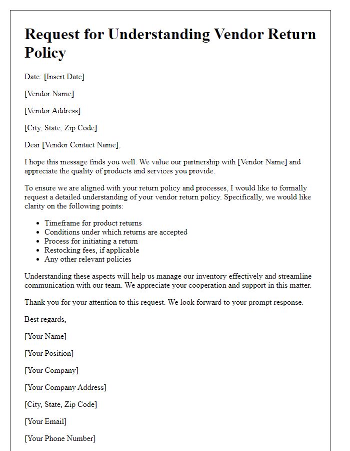 Letter template of vendor return policy understanding request
