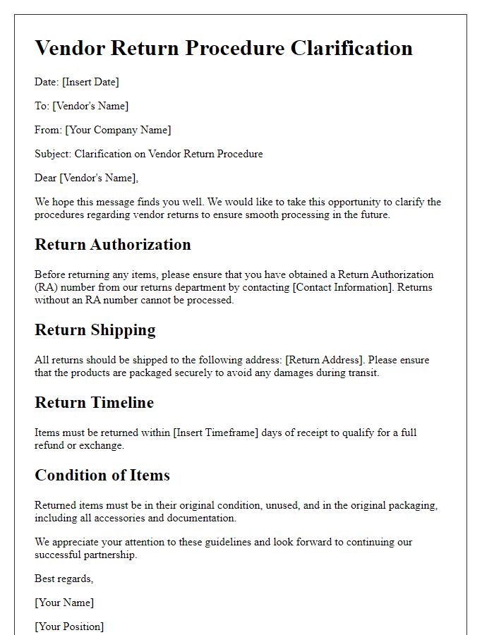 Letter template of vendor return procedure clarification