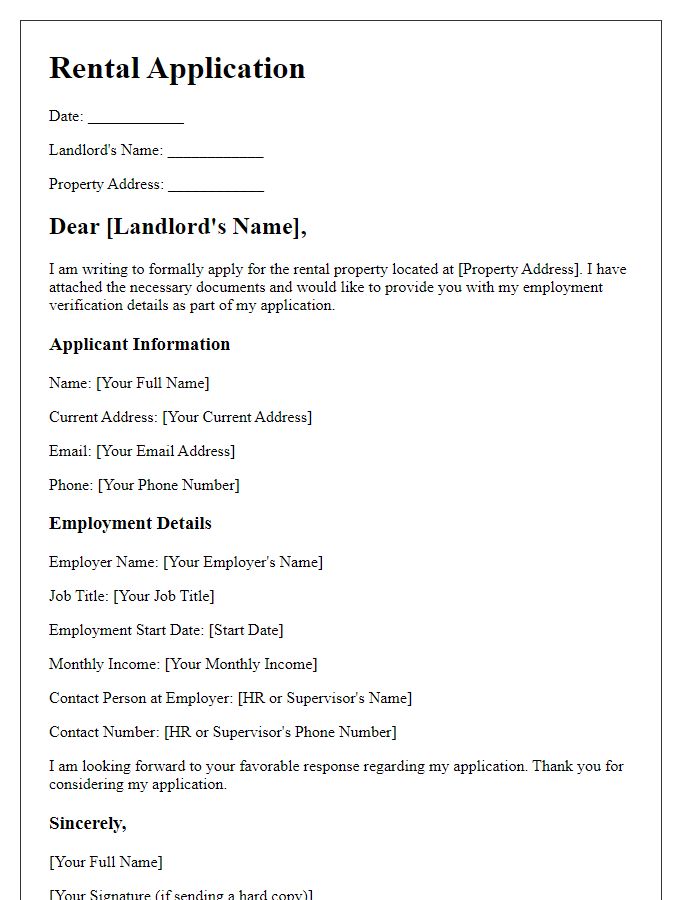 Letter template of rental application with employment verification details