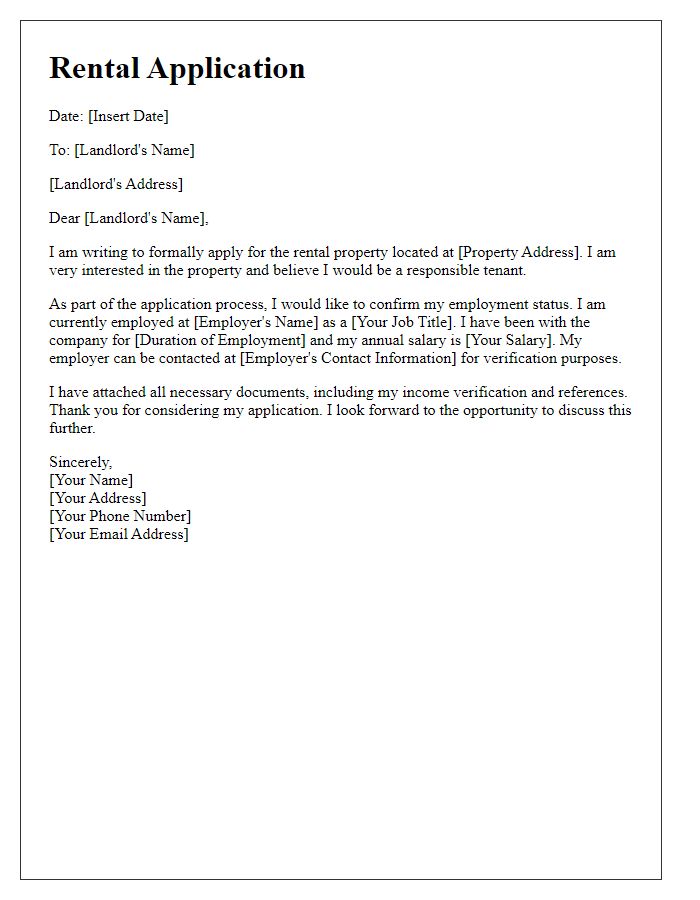 Letter template of rental application featuring employment status confirmation