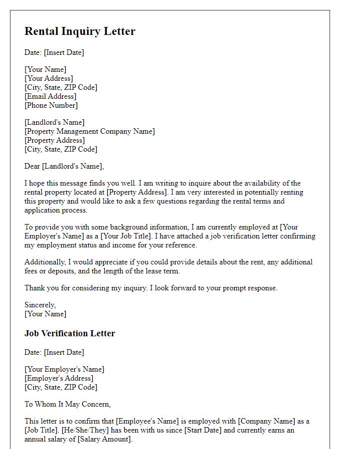 Letter template of rental inquiry including job verification letter