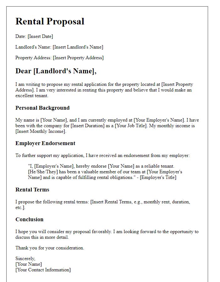 Letter template of rental proposal with employer endorsement