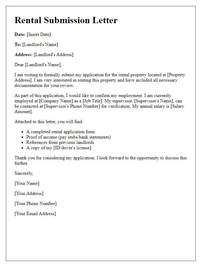 Letter template of rental submission including job confirmation