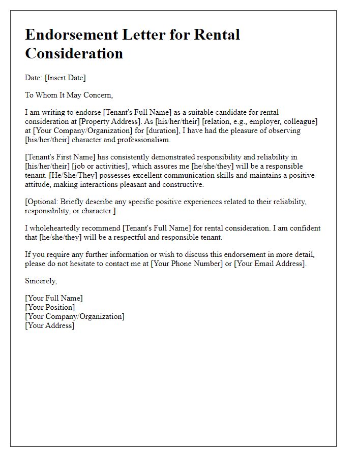 Letter template of professional endorsement for rental consideration