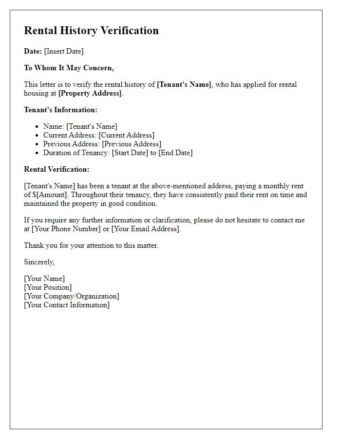 Letter template of rental history verification for application