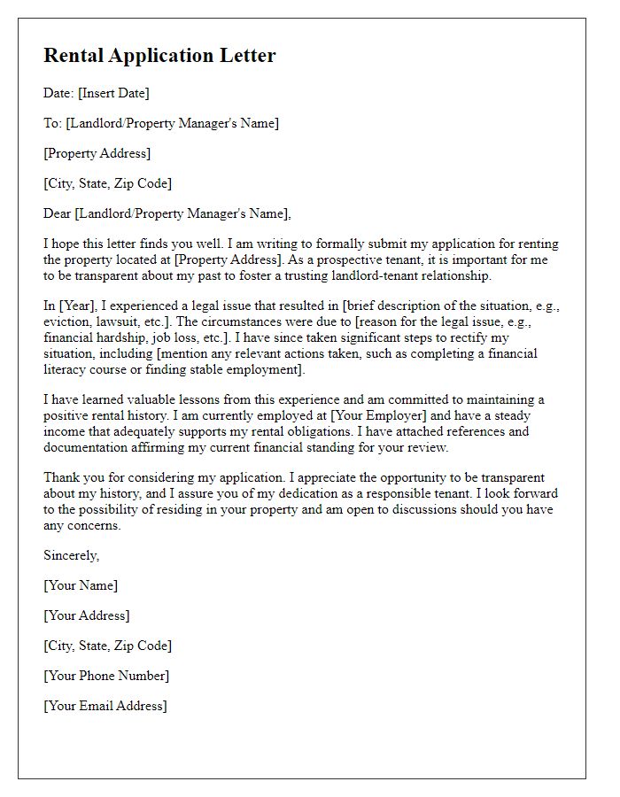 Letter template of rental application discussing prior legal issues.