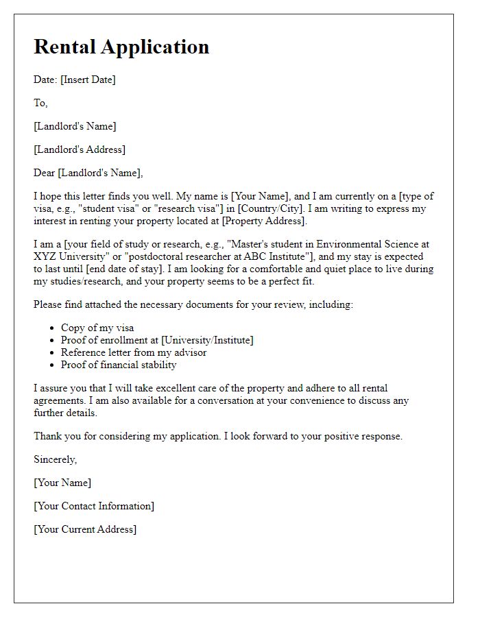 Letter template of rental application for individuals on study or research visas.