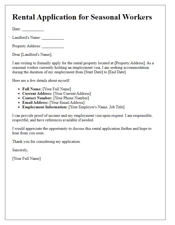 Letter template of rental application for seasonal workers on employment visas.