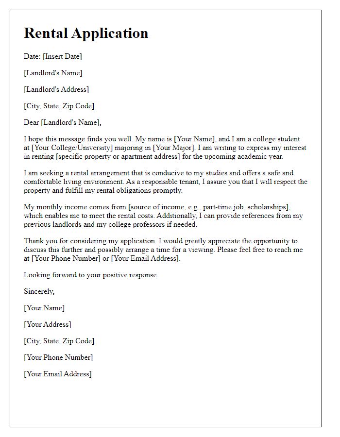 Letter template of rental application for college students