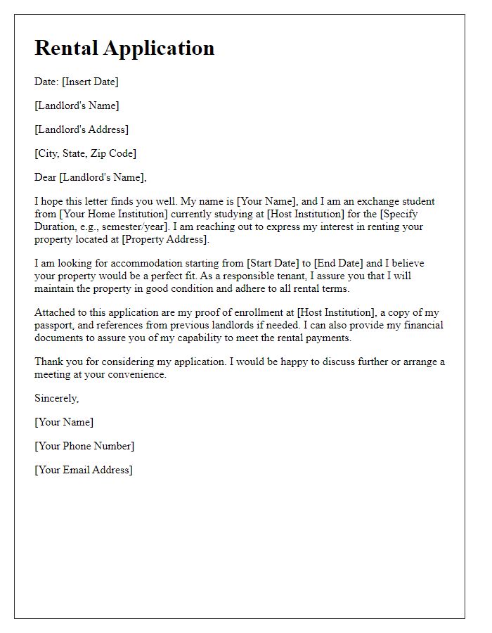 Letter template of rental application for exchange students