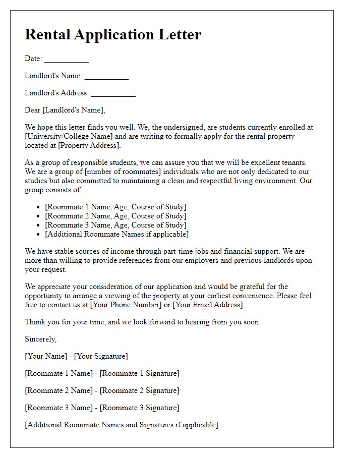 Letter template of rental application for students with roommates