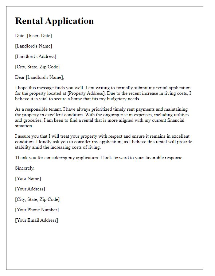 Letter template of rental application based on increased living costs