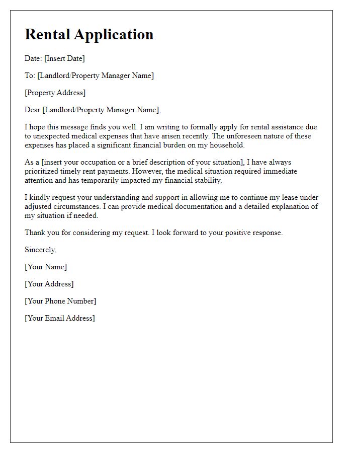 Letter template of rental application for unexpected medical expenses