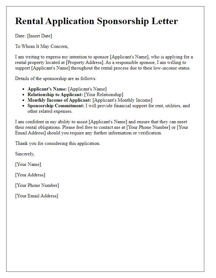 Letter template of rental application sponsorship for low-income applicants.