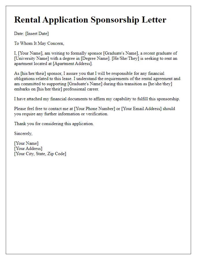 Letter template of rental application sponsorship for recent graduates.