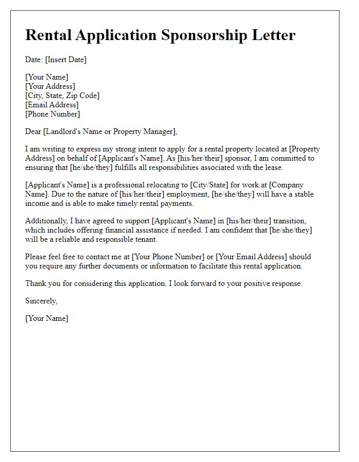 Letter template of rental application sponsorship for relocating professionals.