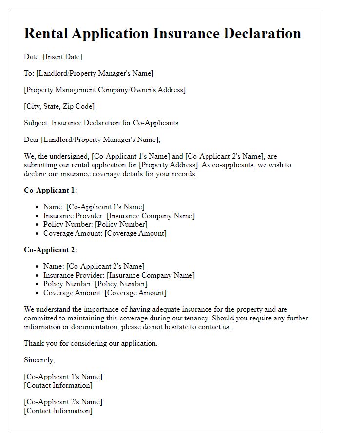 Letter template of rental application insurance declaration for co-applicants.