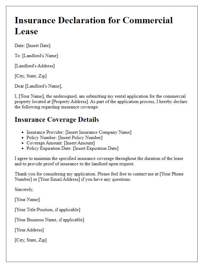 Letter template of rental application insurance declaration for commercial leases.