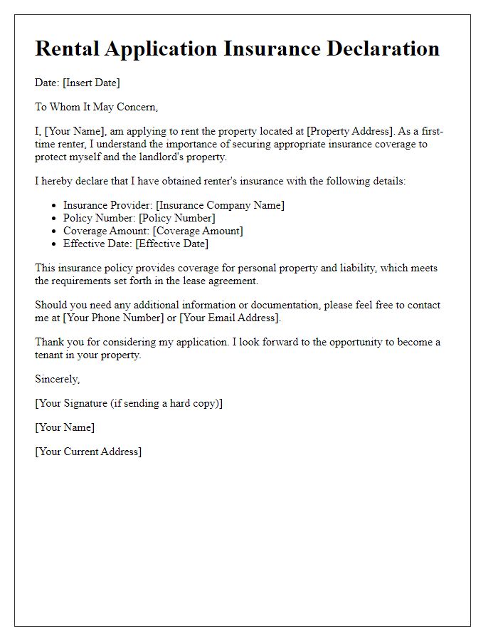 Letter template of rental application insurance declaration for first-time renters.