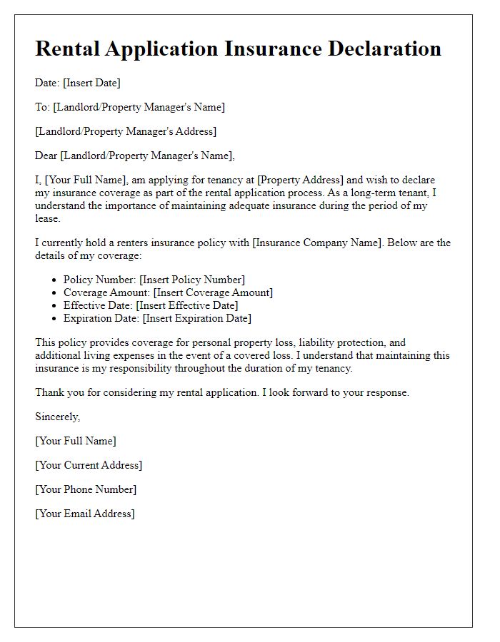 Letter template of rental application insurance declaration for long-term tenants.