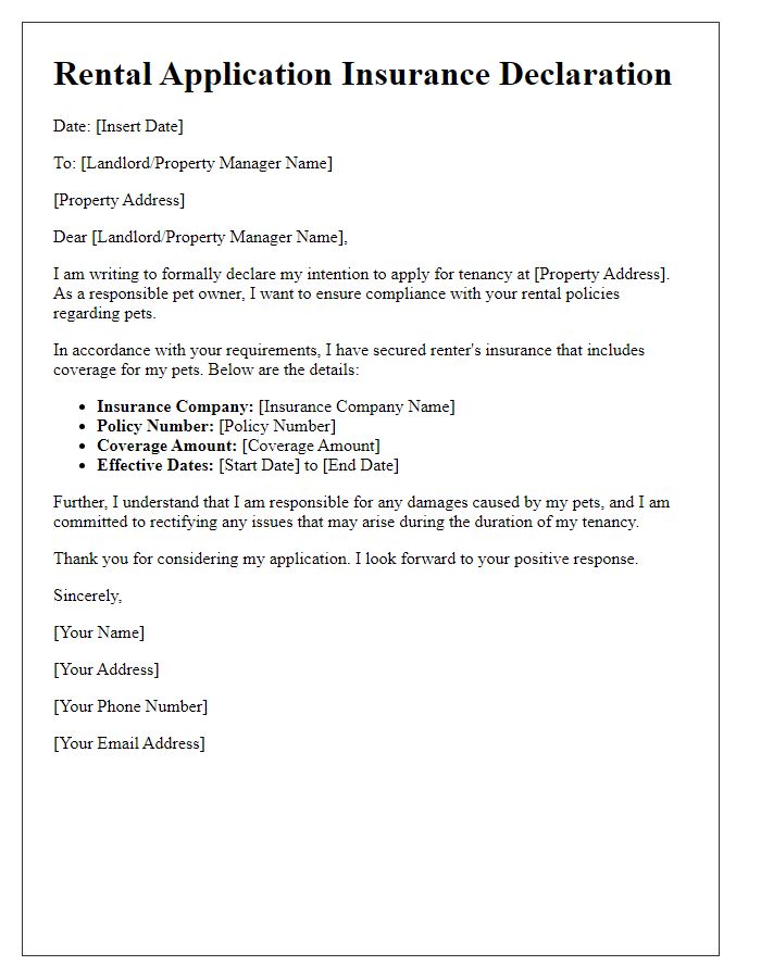 Letter template of rental application insurance declaration for pet owners.