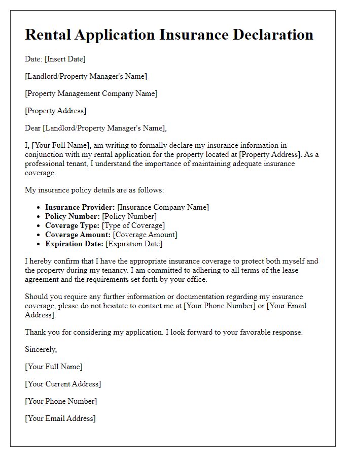 Letter template of rental application insurance declaration for professionals.