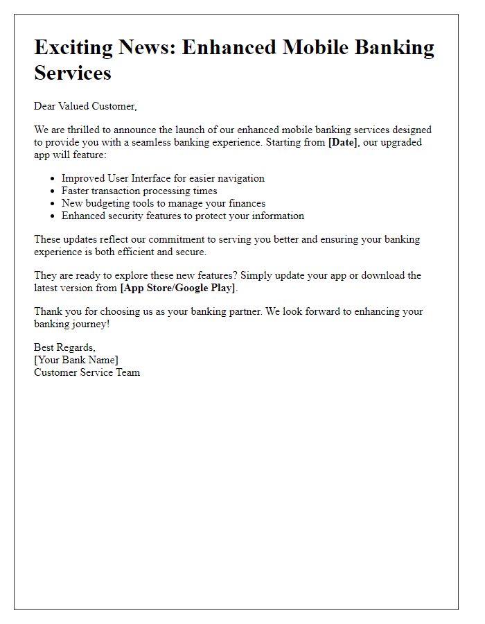 Letter template of enhanced mobile banking services announcement