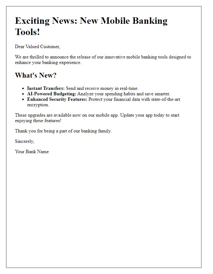 Letter template of innovative mobile banking tools release