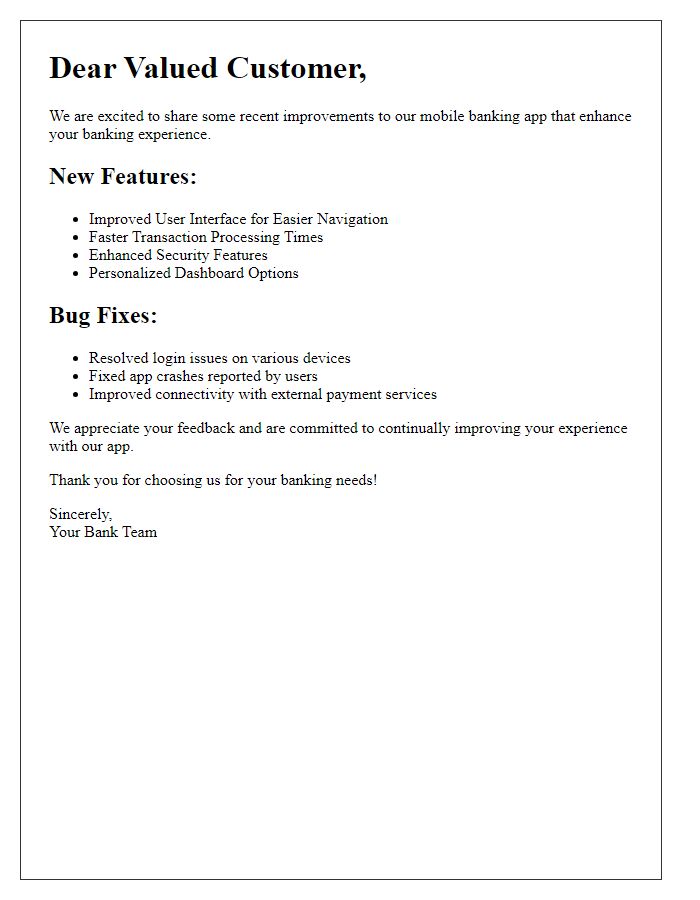 Letter template of mobile banking app improvements update