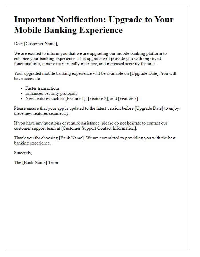 Letter template of mobile banking experience upgrade notification