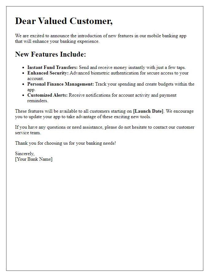 Letter template of new mobile banking features introduction