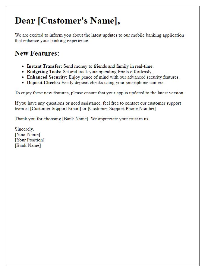 Letter template of updated mobile banking functionalities notification