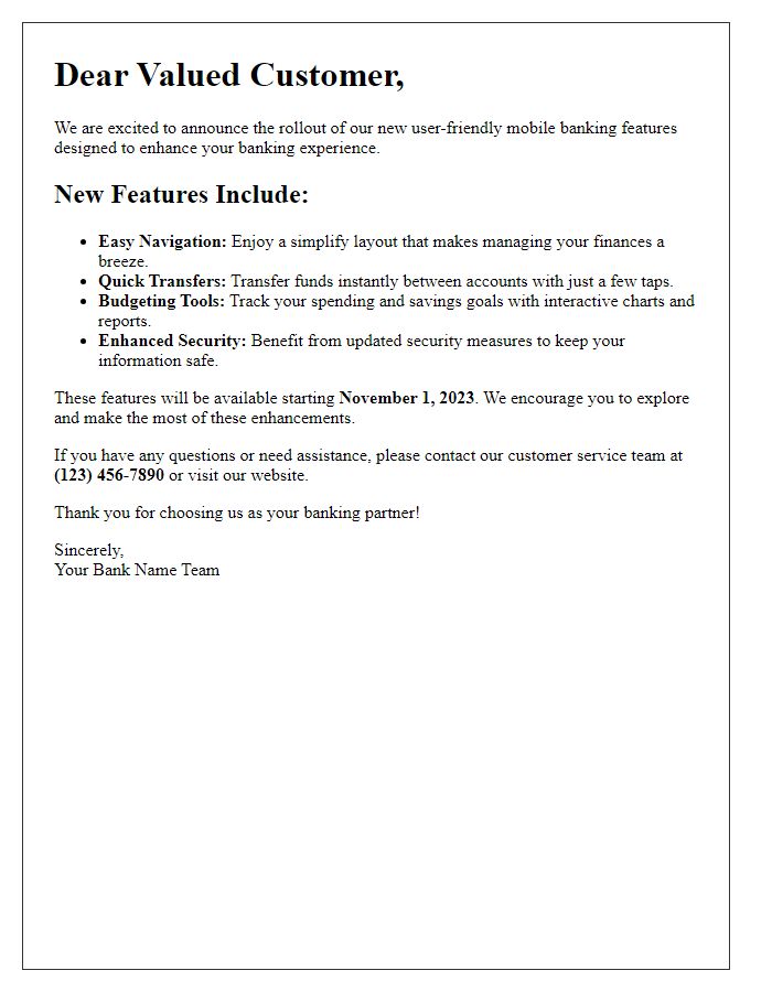 Letter template of user-friendly mobile banking features rollout