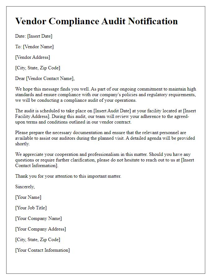 Letter template of vendor compliance audit notification