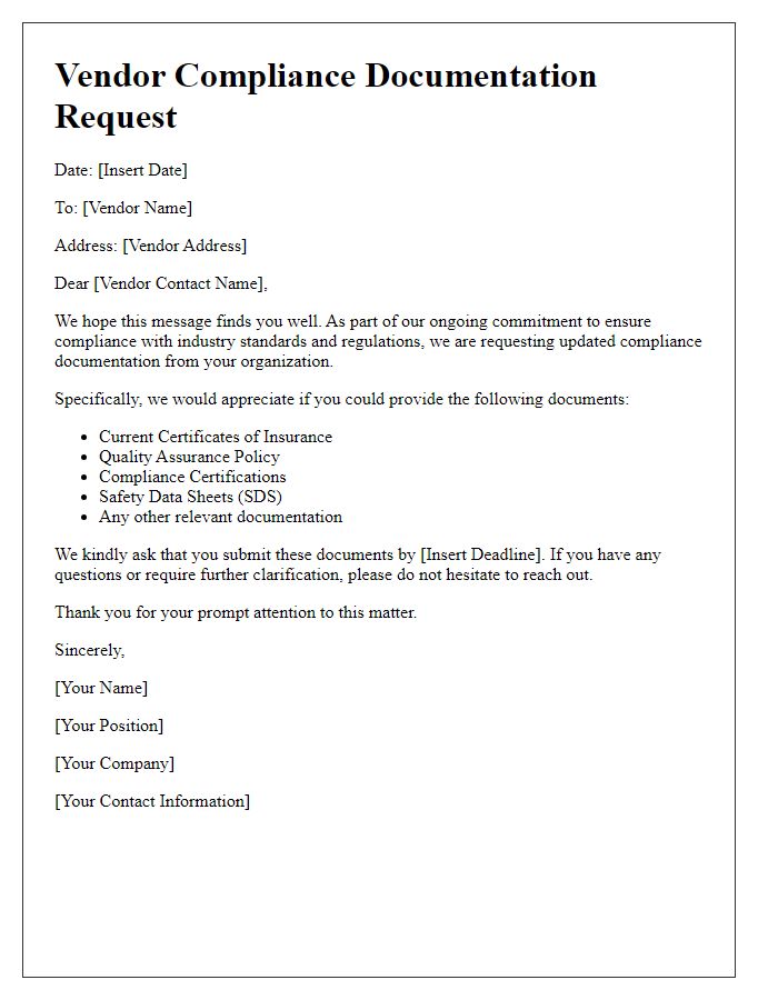 Letter template of vendor compliance documentation request