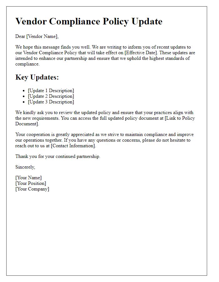 Letter template of vendor compliance policy updates