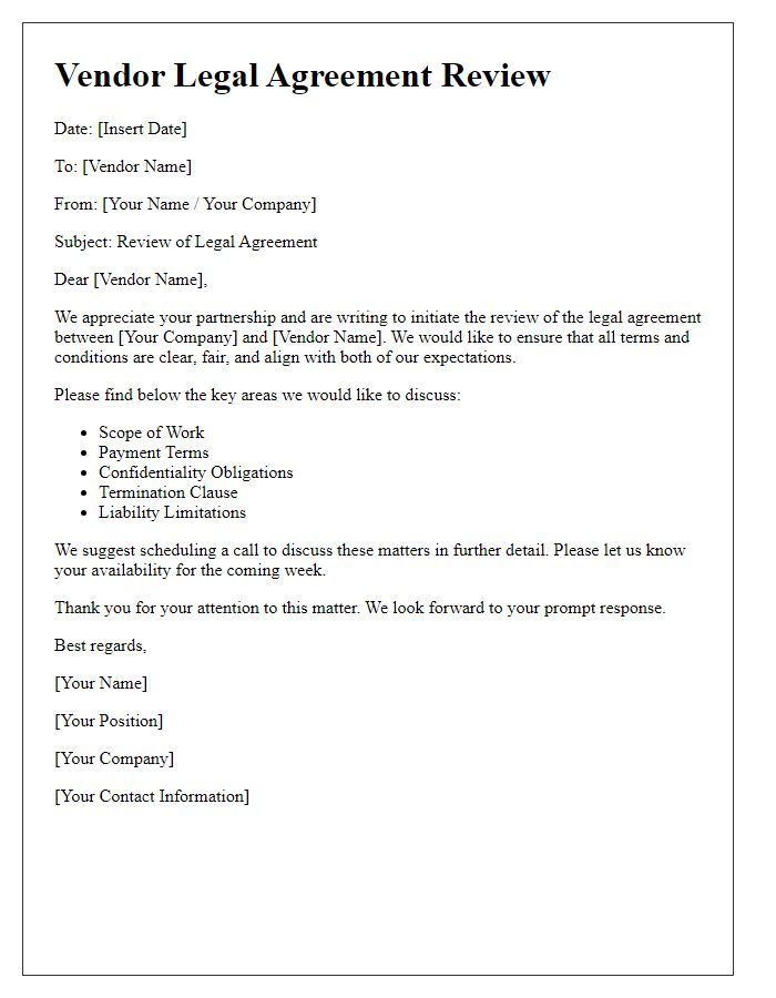 Letter template of vendor legal agreement review