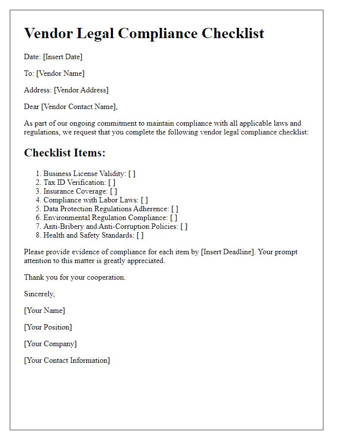Letter template of vendor legal compliance checklist