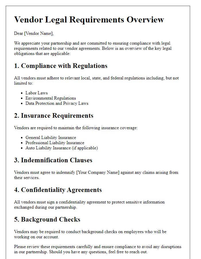 Letter template of vendor legal requirements overview