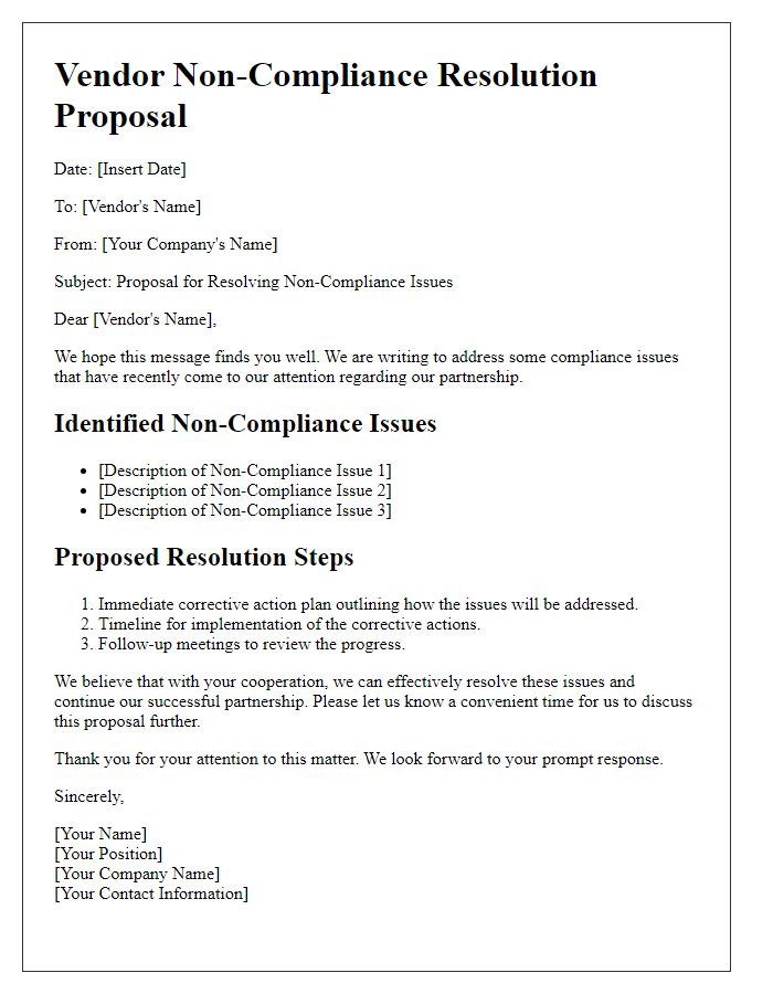 Letter template of vendor non-compliance resolution proposal