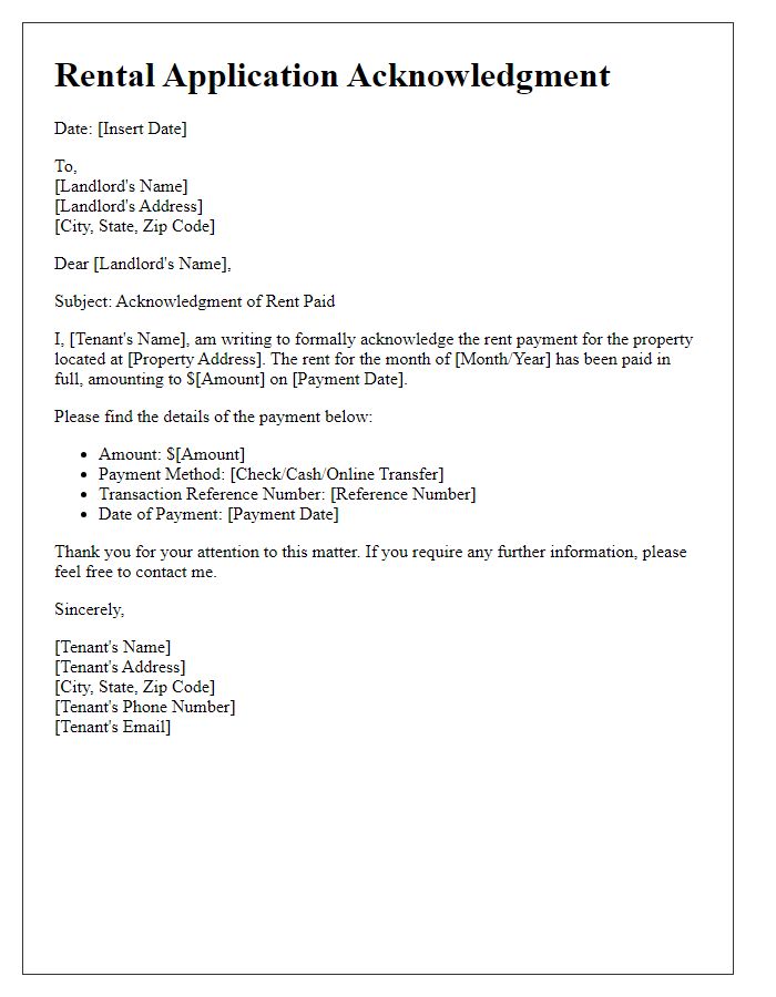 Letter template of rental application for acknowledgment of rent paid.