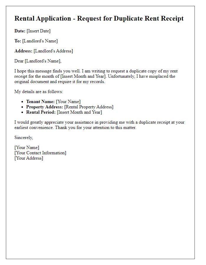 Letter template of rental application requesting duplicate rent receipt.