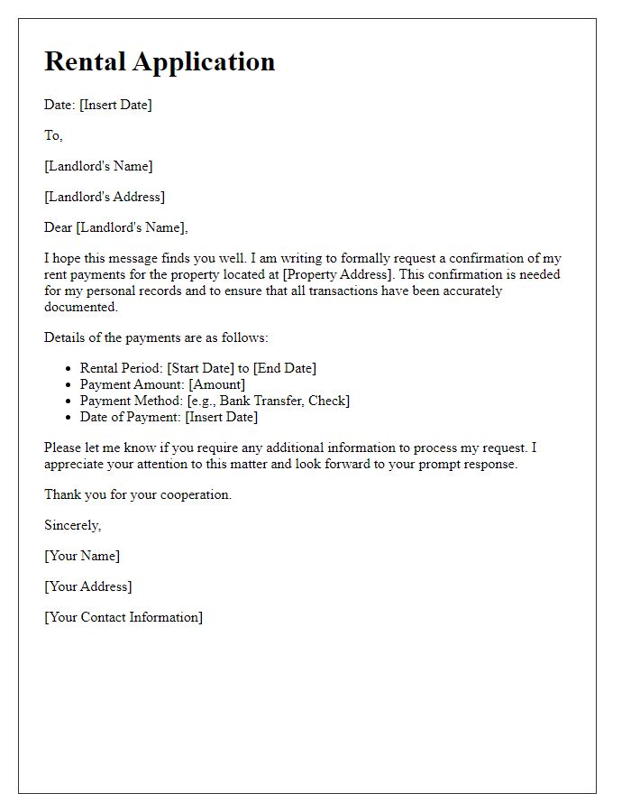 Letter template of rental application requesting rent payment confirmation.