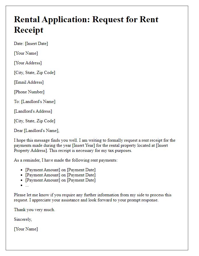 Letter template of rental application requesting rent receipt for tax purposes.