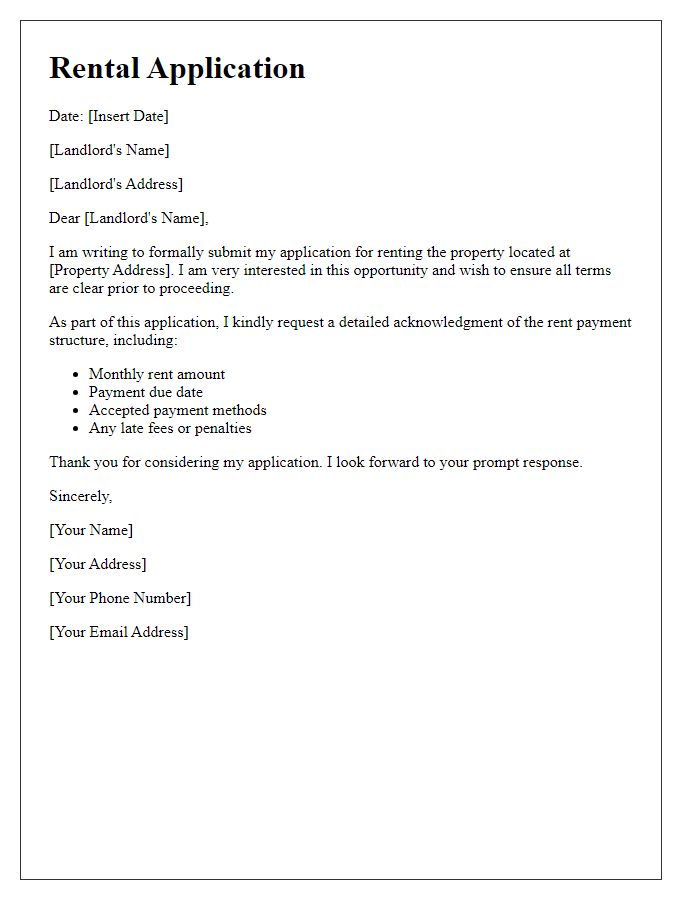 Letter template of rental application seeking detailed rent payment acknowledgment.