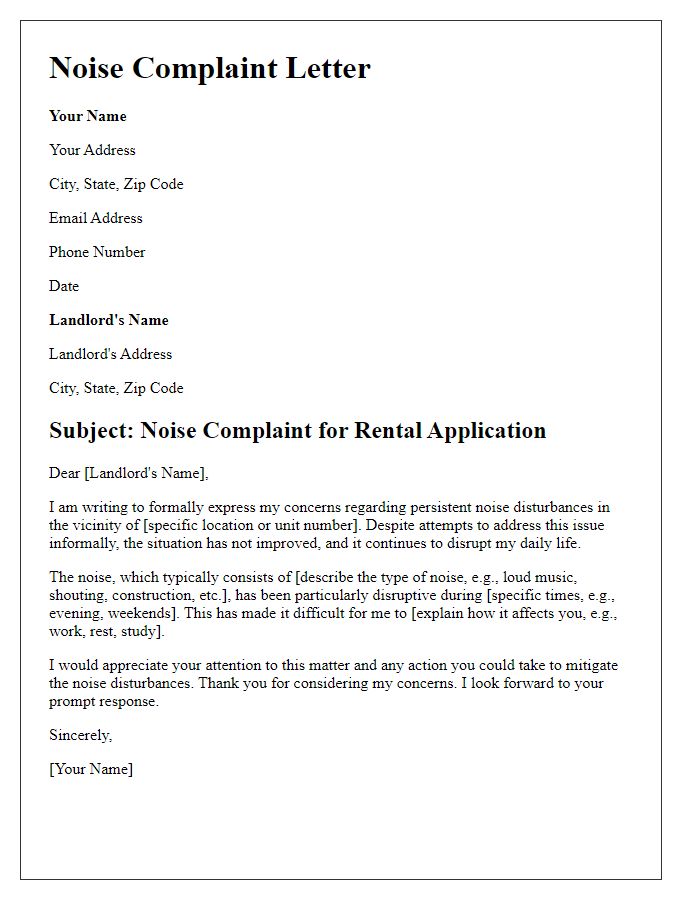 Letter template of detailed noise complaint for rental application