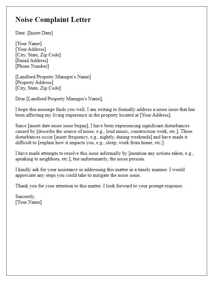 Letter template of written noise complaint for rental application